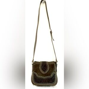 Montana West Western Style Tooled Leather And Studded Crossbody